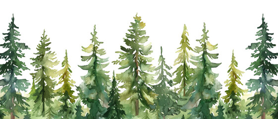 watercolor green pine forest landscape banner - obrazy, fototapety, plakaty