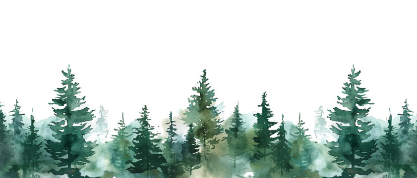watercolor green pine forest landscape banner