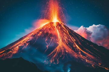 Volcanic eruption volcano erupting with smoke ashes old mountain peak sky covered with fumes natural disaster catastrophe exploding explosion national park lava