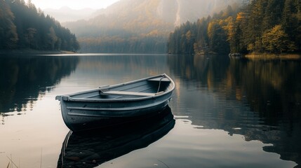 Closeup of a tranquil lake with a small boat gliding across its still waters. A peaceful setting for individuals to find inner peace and reflect on their mental health journey in a .