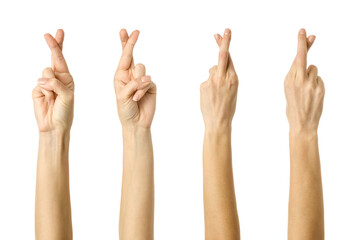 Crossed fingers. Multiple images set of female caucasian hand with french manicure showing Crossed fingers gesture