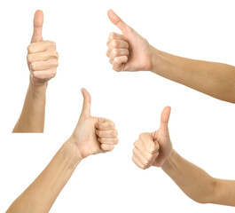 Thumbs Up. Multiple images set of female caucasian hand with french manicure showing Thumbs Up gesture