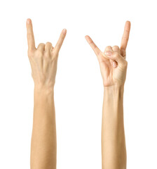 Rock and Roll. Multiple images set of female caucasian hand with french manicure showing Rock and Roll gesture