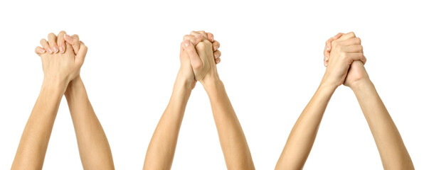 Support gesture. Multiple images set of female caucasian hand with french manicure showing Support gesture