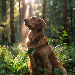 Golden retriever in lush green forest, early morning light, low angle shot