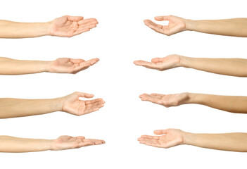 Helping, holding or begging hand. Multiple images set of female caucasian hand with french manicure...