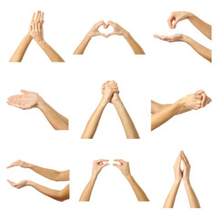 Multiple images set of female caucasian hand gestures with french manicure