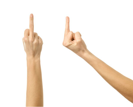 Middle finger gesture. Multiple images set of female caucasian hand with french manicure showing Middle finger gesture