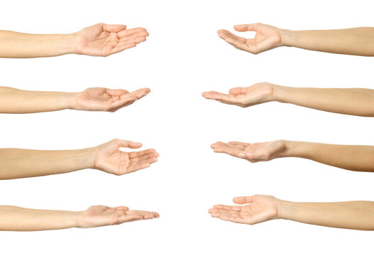 Helping, holding or begging hand. Multiple images set of female caucasian hand with french manicure showing Holding gesture