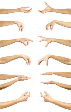 Hands measuring invisible items gesture. Multiple images set of female caucasian hand with french manicure Hands measuring something