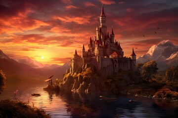 Sunset Serenity: The castle in the warm hues of a peaceful sunset. - obrazy, fototapety, plakaty