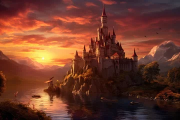 Fotobehang Sunset Serenity: The castle in the warm hues of a peaceful sunset. © OhmArt