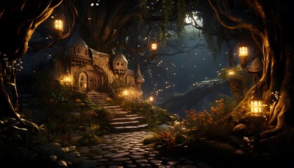 Illustration of a fairy-tale village in the forest at night - obrazy, fototapety, plakaty