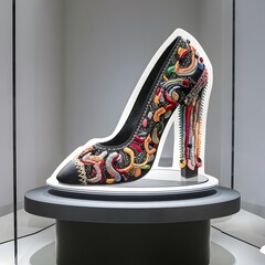 A stunning illustration of a pencil heel shoe design on a sleek podium...... fashion product