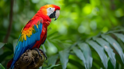 Colorful scarlet macaw parrot in nature Jungle Habitat, wildlife in forest concept.