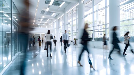 Busy businesspeople in blur motion past walking each other in a modern office building interior
