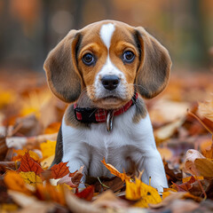 Beagle puppy among colorful autumn leaves, soft focus, eye level