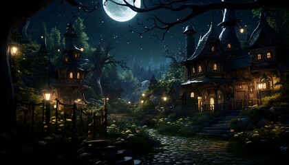 Obraz na płótnie Canvas Halloween night scene with haunted house and full moon, 3d illustration