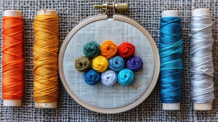 Bright sewing threads and canvas set in an embroidery hoop for table embroidery - obrazy, fototapety, plakaty