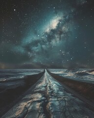 Interstellar highway stretching across a barren, cratered landscape under a starfilled sky
