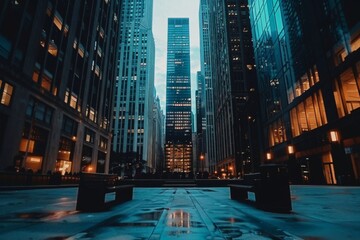Modern office building windows lit in evening night early morning long working hours exhaustion overtime exterior urban architecture skyscraper lights tower financial sector banking hq headquarters