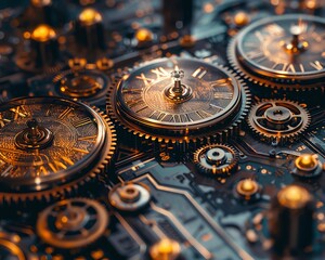 Steampunk representation of the stock market, with gears and clocks driving financial time - obrazy, fototapety, plakaty