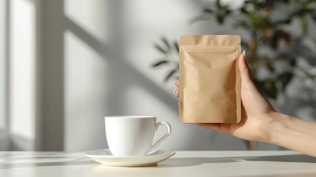 A close shot of a woman hand holding blank packet for tea with a tea cup kept as decoration with a big space for text or mockup use, Generative AI.