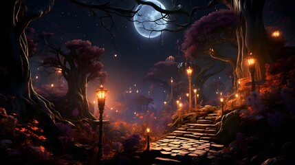 Halloween night landscape with full moon, tree, stairs and lanterns