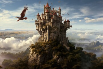 Phoenix Perch: A castle with a phoenix perched on a tower. - obrazy, fototapety, plakaty