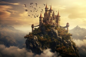Phoenix Perch: A castle with a phoenix perched on a tower. - obrazy, fototapety, plakaty
