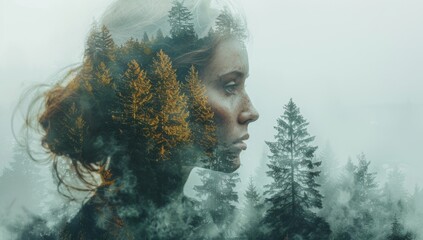 Enchanting Forest Serenity Reflected in Double Exposure of Woman's Head - obrazy, fototapety, plakaty