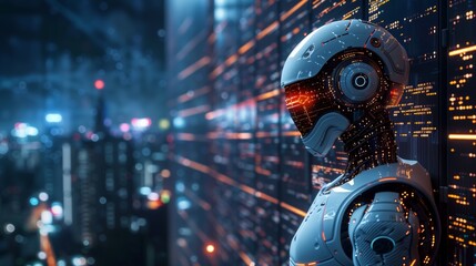 Cyborg Contemplating Data in a Server Room. Thoughtful cyborg standing in a server room surrounded by data racks, immersed in a glowing network environment.