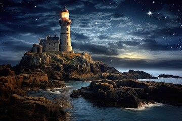 Lighthouse of Stars: A castle with a lighthouse projecting starlight.
