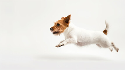 Jumping little cheerful dog isolated on white background