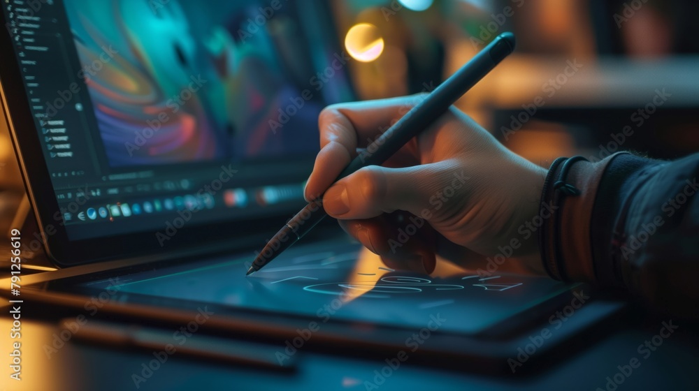 Poster graphic designer working on a digital tablet. graphic designer skillfully using a stylus to draw on 