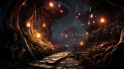 Fantasy dark forest with trees and lanterns. 3d illustration
