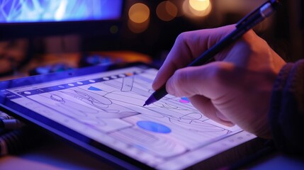 Designer Crafting Illustration on Graphic Tablet. Close-up of a designer's hand sketching a detailed illustration on a graphic tablet with a stylus, under warm ambient lighting.