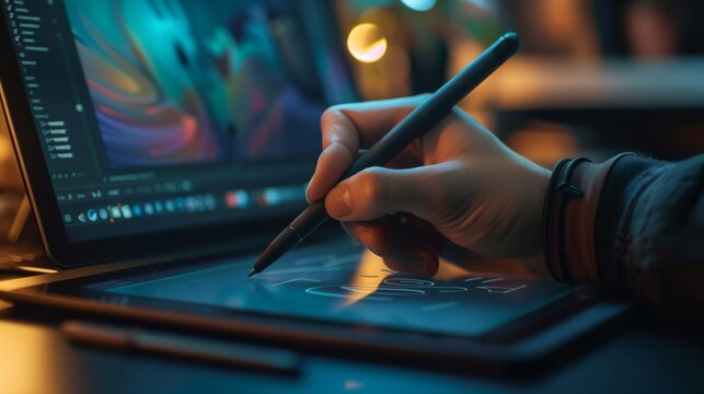 Graphic Designer Working on a Digital Tablet. Graphic designer skillfully using a stylus to draw on a digital tablet, showcasing creative design work in progress.