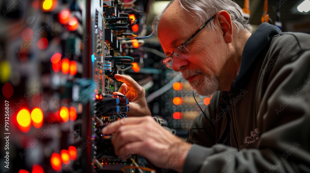Poster technician adjusting servers in data center. experienced technician meticulously adjusts hardware in