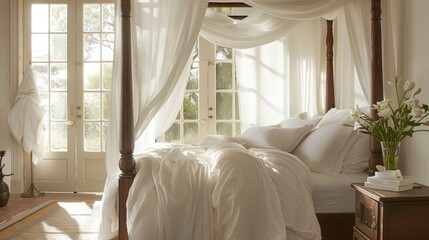 A luxurious canopy bed is dd with soft white linens creating a cloudlike haven for a peaceful nights sleep. The morning light streams in illuminating the room and signaling 2d flat cartoon. - obrazy, fototapety, plakaty