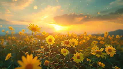 Picture of sun flowers with the sunrise background