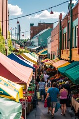 A bustling marketplace with colorful awnings, street vendors selling fresh produce, and the sound of jazz music drifting through the air, Generative AI