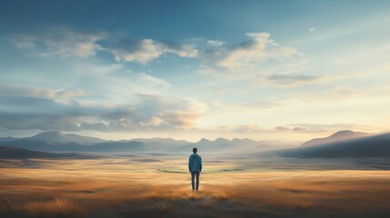 An artistic photo of a person standing alone in a vast landscape looking out towards the horizon capturing the essence of introspection and the quest for inner peace