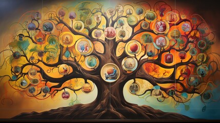 An artists studio with a large canvas featuring an abstract interpretation of a family tree using vibrant colors and intertwined forms to represent the bonds and values shared within a family - obrazy, fototapety, plakaty