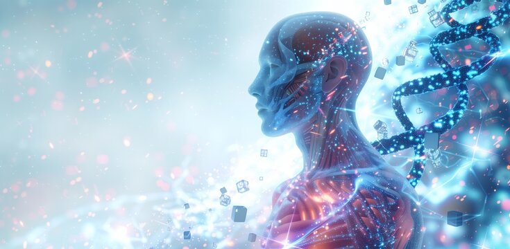 human with transparent skin showing their DNA structure and cubes inside. The figure is bald with no facial features