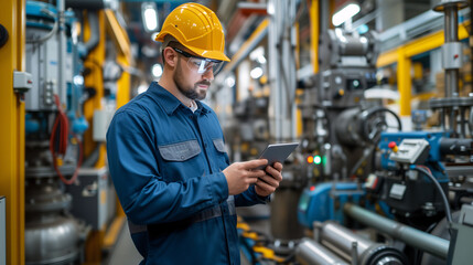 Engineer Monitoring Automation Process on Tablet. Engineer in a hard hat is intently using a tablet to control and monitor automated machinery in an industrial factory setting.