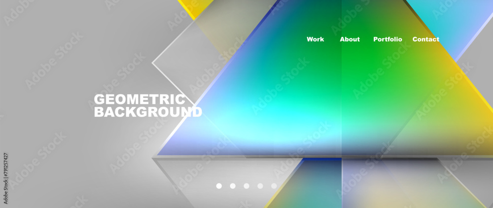 Poster An electric blue geometric background with colorful triangles on a gray rectangle, inspired by technology and communication devices. The tints and shades create a visually captivating design