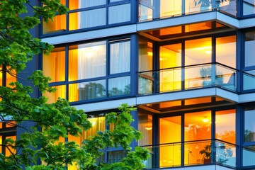 Modern office building windows lit in evening night early morning long working hours exhaustion overtime exterior urban architecture skyscraper lights tower financial sector banking hq headquarters