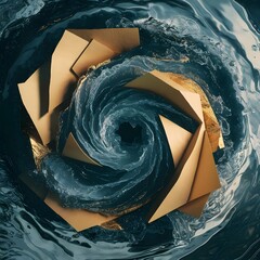 A captivating and unique abstract design featuring a swirling vortex of water textures combined with golden paper elements- background image, wallpaper