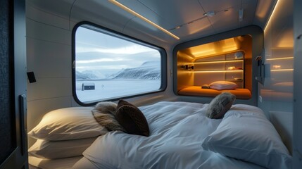 Revel in the tranquility of the Arctic landscape as you drift off to sleep in your pod with panoramic views of the Northern Lights. 2d flat cartoon.